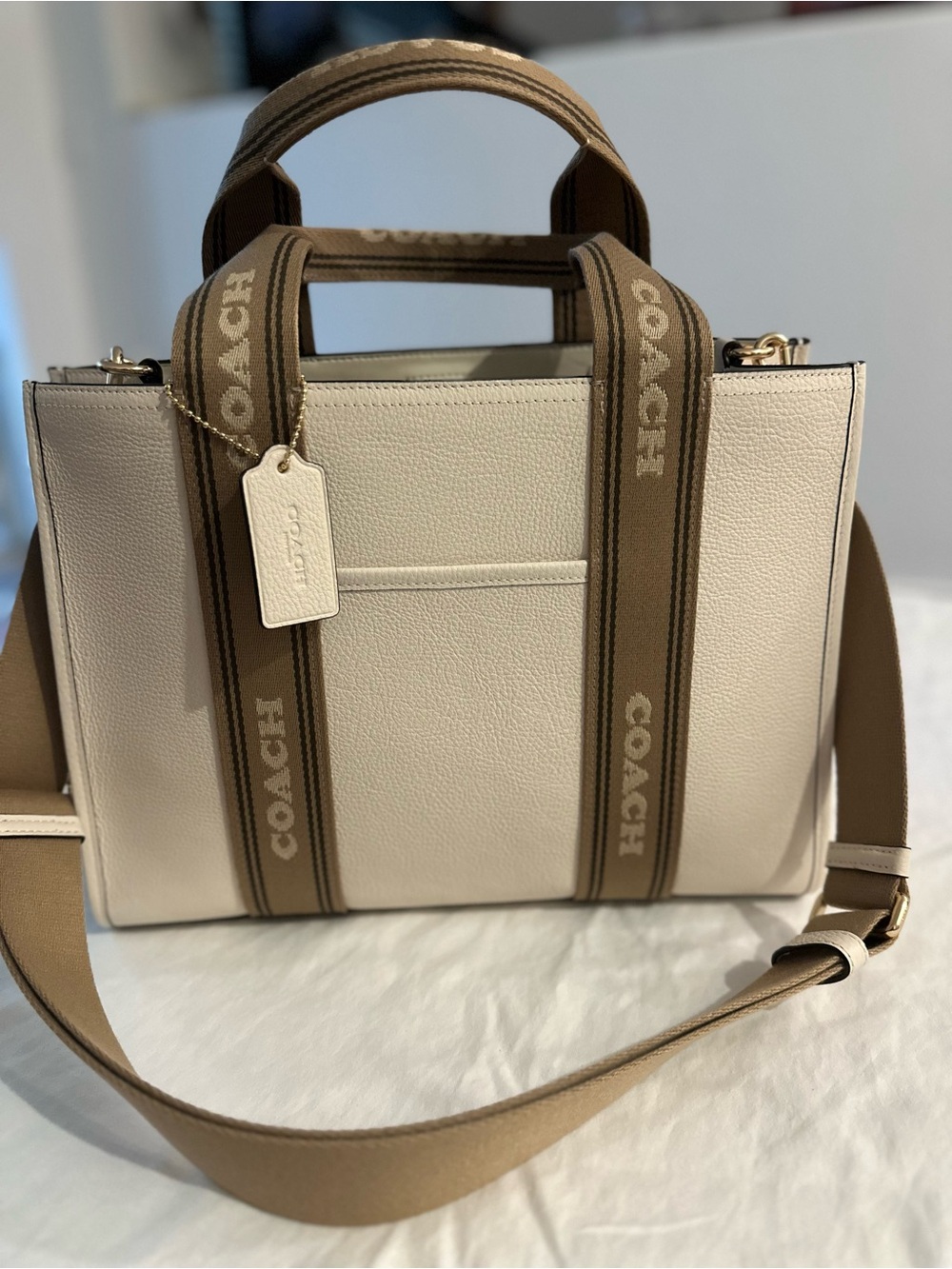 Coach Pebbled Leather Tote in Chalk with Khaki Straps